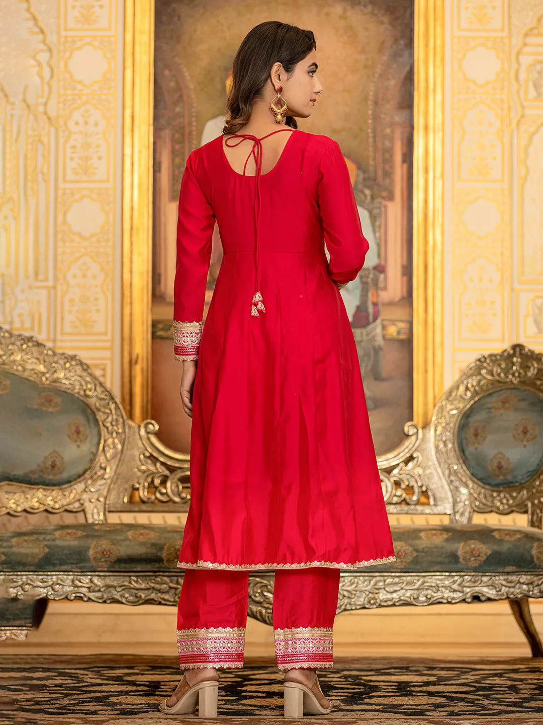 Hot Pink Solid Anarkali Kurta Trouser And Dupatta Set