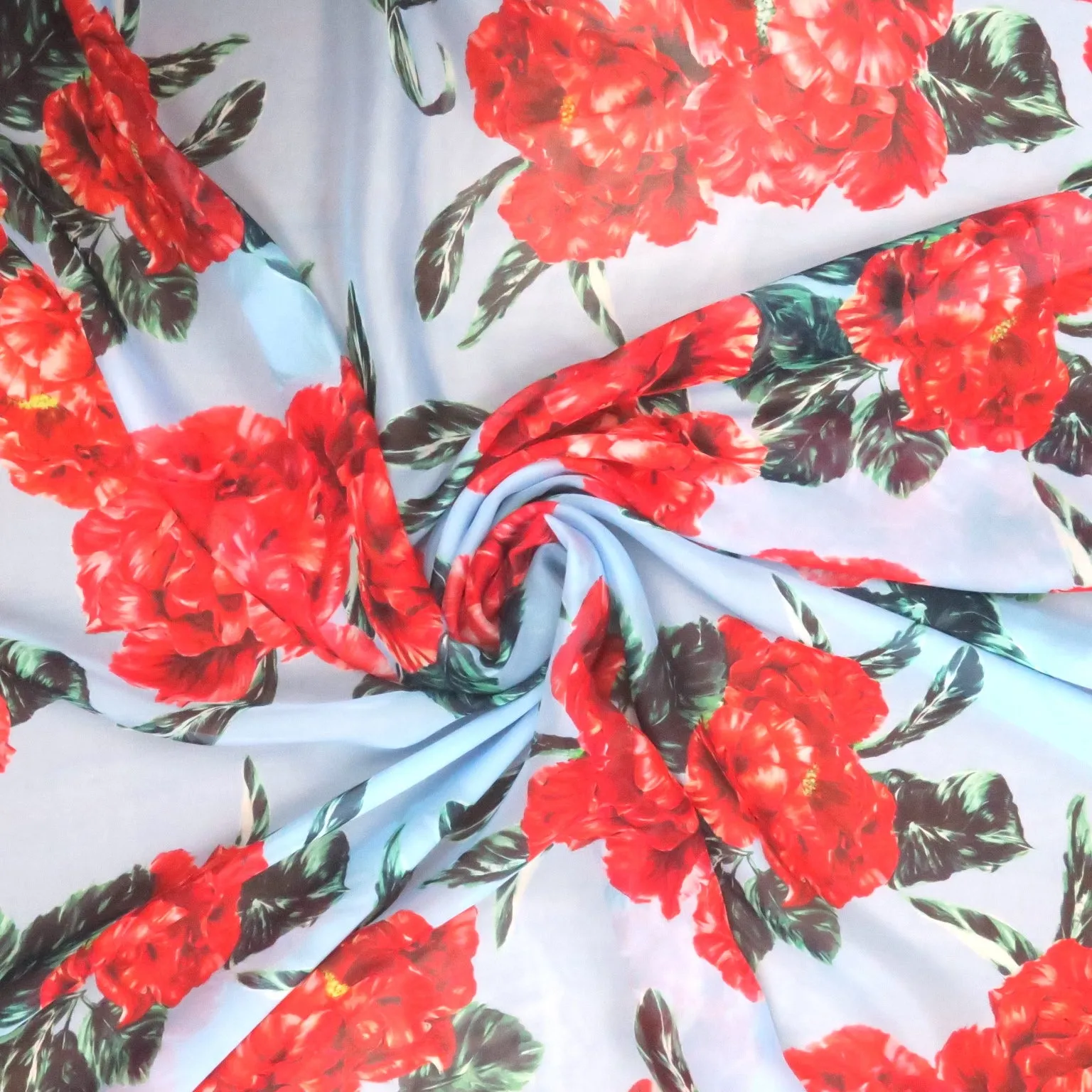 Red and Green Florals on Sky Blue Background Printed Silk Chiffon Fabric